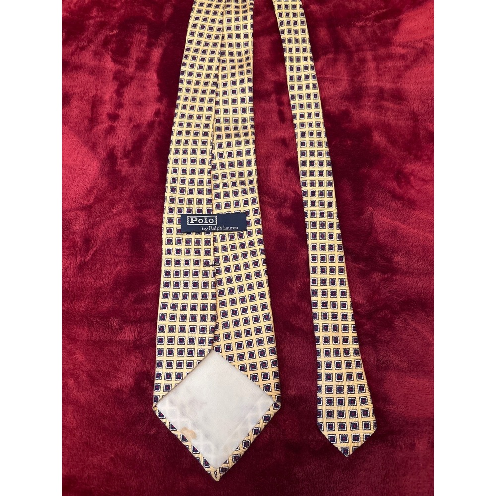 Polo Ralph Lauren Mens Silk Tie Tan Navy Geometric Square Pattern Made in USA